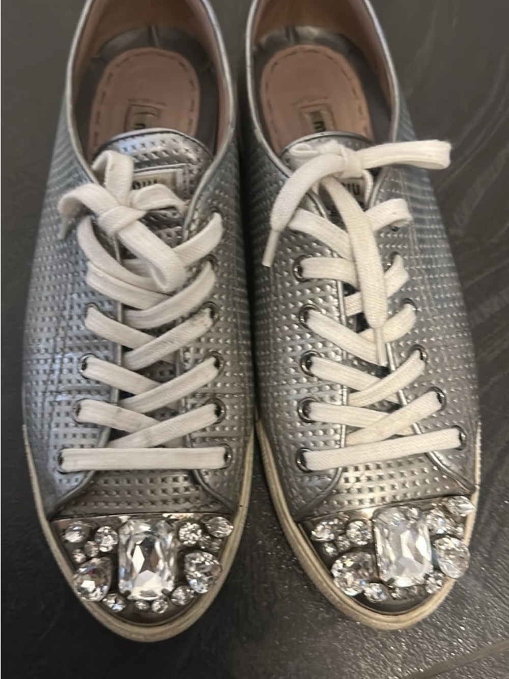 Miu Miu Women’s Silver Embellished Lace-Up Sneakers